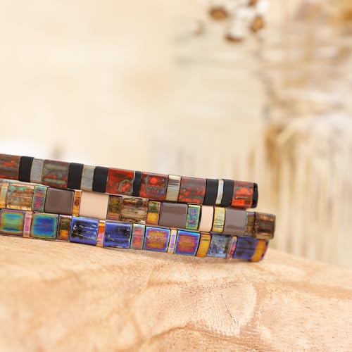 Sonateomber Tila Flat Beaded Stretch Stack Bracelets Set for Women, Trendy Stackable Colorful Glass Square Beads Bracelet Friendship Accessories Jewelry Gift - color: Black Dark Red Gold Blue Gray Pink Brown