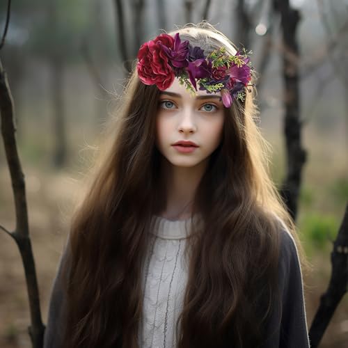Vivivalue Floral Halo Boho Flower Headband Floral Crown Headpiece Hair Wreath with Ribbon Wedding Party Prom Photos Festival Purple - color: 33