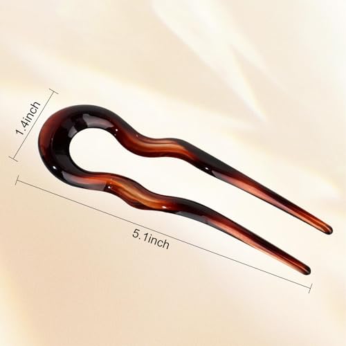 French Twist Stick Hair Fork, 4PCS Wavy U Shaped Hair Pin Clip for Spiral Updo Bun, Tortoise Shell, Fashion Flexible Durable Styling Hair Accessories for Women (Green, Black, Brown, Leopard Print)