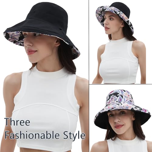 vidsel Womens Sun Hats Wide Brim Reversible Bucket Cotton Hat Packable Summer Travel Cap with Hat Clip,UV Protection - color: Black, size: Medium