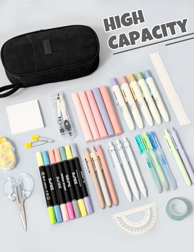 SUNEE Cute Pencil Case, Large Pencil Pouch, Soft Corduroy Aesthetic Big Pencil Bag with Zipper, Kawaii Stationery Storage and Organizer, School Supplies for Teen and Adult, Boys&Girls, Coal Black - color: Coal Black