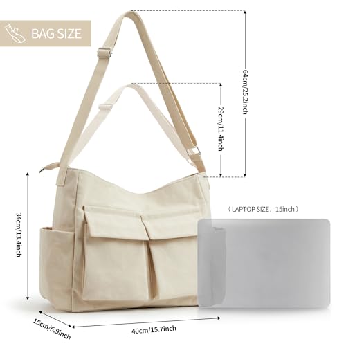 KALIDI Canvas Tote Bag Large Hobo Crossbody Shoulder Handbag Zipper Messenger Bag for Women or Men Casual College Work - color: Upgraded Beige