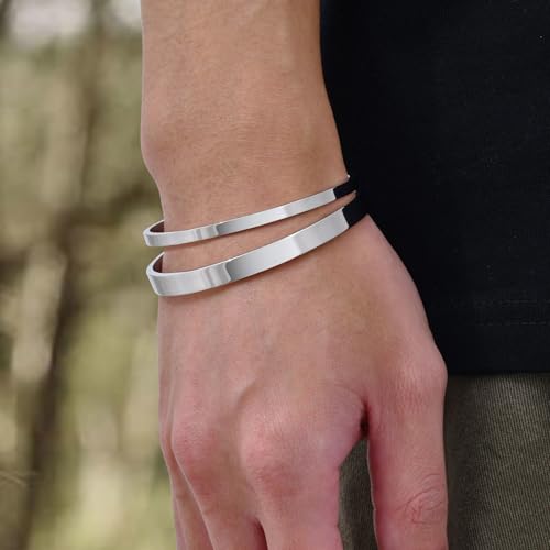 MEALGUET Stainless Steel Mens Cuff Bracelet : Minimal Cool Silver/Black/Gold Plated Open Metal Cuff Bangle Bracelets for Men,Mens Bracelet Jewelry Gift - color: Silver-2-Pack, size: Medium( fit 5.5"-7.2" wrist)