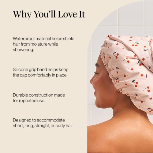Kitsch Luxury Shower Caps for Women Reusable Waterproof - Large Shower Cap for Women, Non-slip, Quick-dry Hair Cap for Long and Short Hair, Comfortable and Stylish Design - Cherry Print - color: Cherry Print