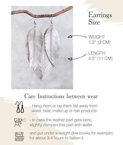 Black shiny Leather Feather Earrings for Women, Lightweight Minimal Boho Dangle Earrings, Small Simple Everyday Jewelry - color: light grey metallic