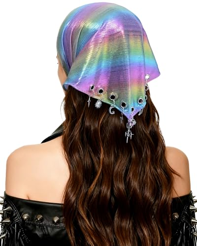 Punk Triangle Head Scarf with Metal Charms - Y2K Sparkly Bandana for Women | Vintage Neck Scarf for Festival Party Concert - color: Phantom White