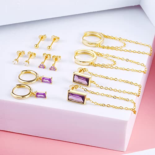 BOUTIQUELOVIN 14K Gold Stud Earrings Set for Women, for Multiple Piercing Silver Plated Studs Earrings and Zirconia Earring Set Small Huggie Hoop Chain Earing - color: 6Pairs Purple
