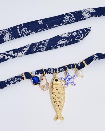 Gold Fish Necklace For Women Blued Beaded Strand Toggle Necklace With Gold Fish Pendants Dainty Summer Beach Turquoise Jewelry - style: Scarf Strand
