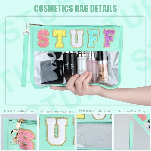 BuyCard Clear Stuff Bag for Travel, Preppy Chenille Letter Embroidered Zipper Pouch, Waterproof PVC & PU Leather Clear Cosmetic Bag, Toiletry Makeup Bag for Women Girls Mint Green - color: Green-Stuff