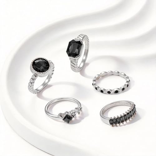Black Obsidian Ring Stackable Gold Tone Oval Black Stone Statement Ring for Women Party Date Night Jewelry Gift - color: A2:black obsidian rings