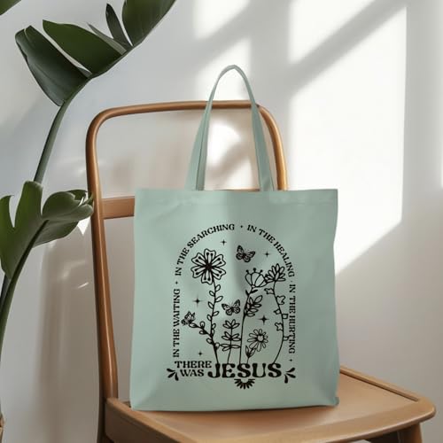 Jesus Tote Bag, Christian Tote Bags for Women, Religious Reusable Grocery Bags - color: Green Floral