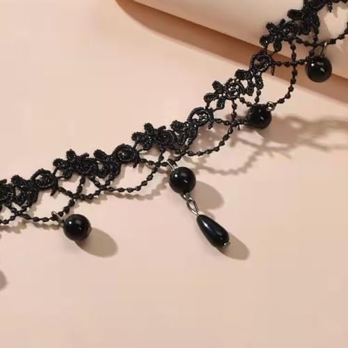 Boho Flower Pearl Lace Choker Necklace Waterdrop Pendant Necklace Choker Vintage Teardrop Clavicle Necklace Dainty Neck Chain for Bridemaids Wedding - color: black