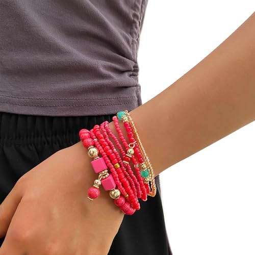 IFKM 8PCS Beaded Bracelets for Women, Multilayered Stackable Strand Stretch Bead Bracelet Pack Handmade Trendy Bohemian Charm Jewelry - color: Rose Red