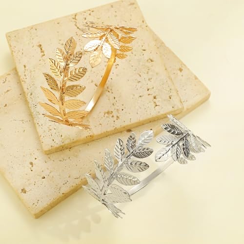 Arm Cuff Layered Bracelet Adjustable Leaf Flower Starfish Upper Arm Cuff Bangle Jewelry Gold Plated Bracelet Ring Set for Women Boho Summer Beach Essentials - color: Gold-Leaf