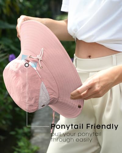 FURTALK Womens Sun Hat with Ponytail Hole Beach Hiking Summer Wide Brim UPF 50+ Outdoor Protection Foldable Bucket Hat - color: Pink