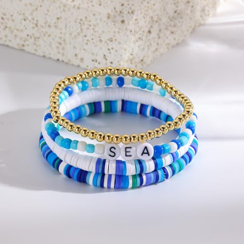 Caiyao Bohemia Multilayer Heart Imitation Pearl Beaded Stackable Bracelets Set Colorful Surfer Heishi Clay Gold Beads Stretch Bracelets for Women Men Summer Beach Boho Vacation Jewelry Gifts - color: Z-blue