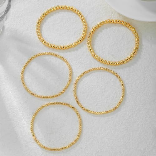 Gold Bracelets for Women 14K Gold Plated Beaded Non Tarnish Bracelets Stretch Bead Ball Bracelet Stack Set Jewelry for Gifts - color: E SET 5PC