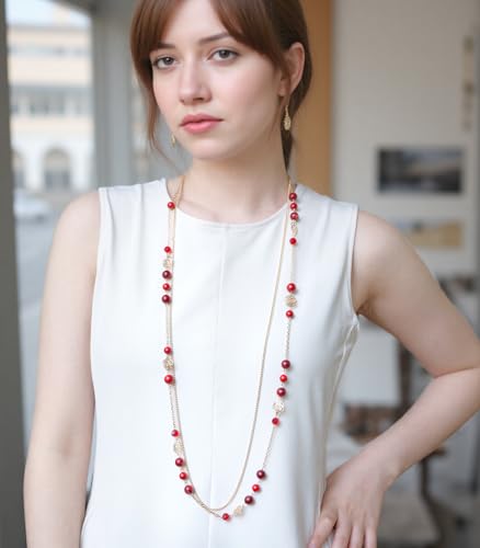 FULU AUTUMN Boho Gold Long Necklaces for Women Natural Stone Beaded Layered Long Necklace Mothers Day Gifts Dainty Flower Costume Jewelry for Women - color: Red