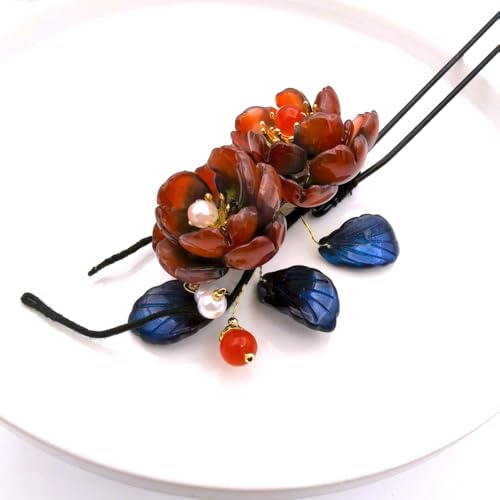 Dark Red Resin Hair Stick with Blue Leaves, Elegant Chinese Hanfu Hairpin for Women, Metal Hair Pin for Long Hair, Vintage Hair Accessory for Bun (Dark Red Rose) - color: Dark Red Rose