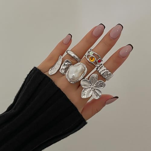 Chunky Rings for Women Adjustable Thick Rings Set Trendy Statement Stackable Ring for Women Chunky Jewlery Irregular Dome Flower Finger Knkuckle Thumb Ring - style: Style 2