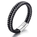 Men's Leather Bracelet, Stackable Stainless Steel Clasp Bracelets for Men Stylish Birthday, Thanksgiving, Valentine's Day Gift for My Man - style: 8" Black and White