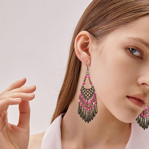 Handmade Vintage Bronze Bohemian Long Tassel Colorful Bead Dangle Drop Earrings Big Tribal Chandelier Geometry Hook Earrings for Women Statement Jewelry Gifts - color: Pink