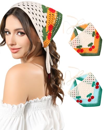 AWAYTR Crochet Head Scarf Hair Bandanas Women Knit Bandana Headband Scarf Tie-Back Head Coverings Floral Headscarf - color: Cherry - Orange + Blue