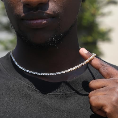BREN Tennis Necklace - 3mm 4mm 5mm Iced Out Diamond Tennis Chain 5A Cubic Zirconia Necklace - 18K/White Gold Plated Flat Tennis Necklace for Women and Men Size 16"-22" - color: Gold-3mm, size: 20 inch