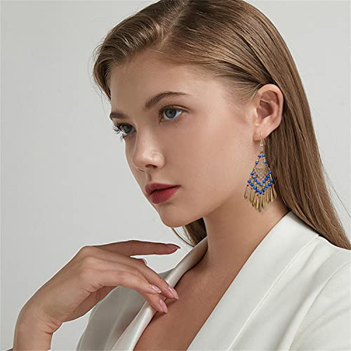 Handmade Vintage Bronze Bohemian Long Tassel Colorful Bead Dangle Drop Earrings Big Tribal Chandelier Geometry Hook Earrings for Women Statement Jewelry Gifts - color: Blue