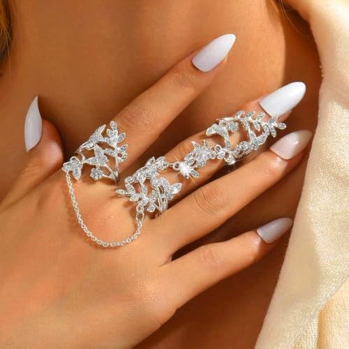 Yalice Charm Leaf Full Finger Ring Bracelets Dainty Knuckle Open Ring Harness Hand Chains Adjustable Statement Rings Jewelry for Women Gift - color: Silver-2