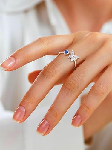 Bestyle 925 Sterling Silver Butterfly Ring Hypoallergnic Adjustable Birthstone Rings for Women Butterfly Jewelry Gifts for Anniversary Mothers' Day Birthday - color: 09.September (Sapphire)-Ring Delicate