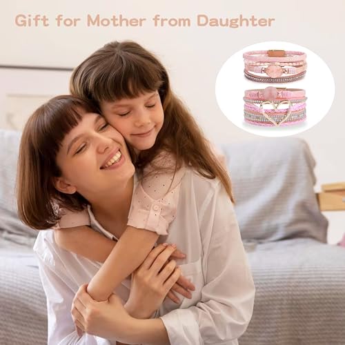 Long tiantian Leather Bracelets for Women Warp Bracelet Stackable Boho Layered Bracelet Chunky Heart Trendy Birthday Gifts for Her - color: B30:2 Bracelet Sets for Teen Girls(Pink)