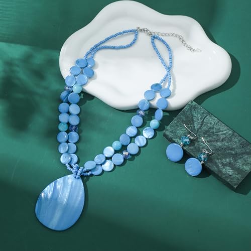Big Teardrop Pendant Necklaces for Women Colorful Beaded Necklaces Statement Set for Holiday. - color: Light Blue