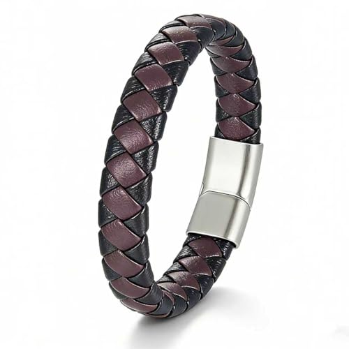 Men's Leather Bracelet, Stackable Stainless Steel Clasp Bracelets for Men Stylish Birthday, Thanksgiving, Valentine's Day Gift for My Man - style: 8.2" Long 10MM Wide Dark Purple Woven