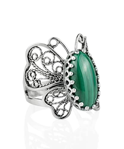 Filigranist Sterling Silver Filigree Art Butterfly Women Cocktail Ring with Gemstones - color: Malachite