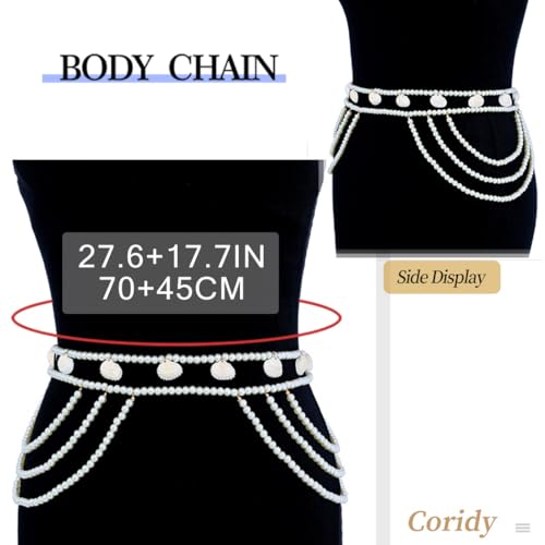 Pearl Waist Chain for Women Shell Body Chain Double Adjustable Belly Chain White Beaded Waist Belt