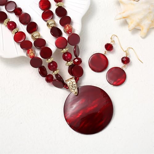 Layered Beads Statement Fashion Necklace Chunky Jewelry Set Big Colorful Glass Stone Circle Shell Pendant Choker Necklace and Earring Set for Women - color: burgundy