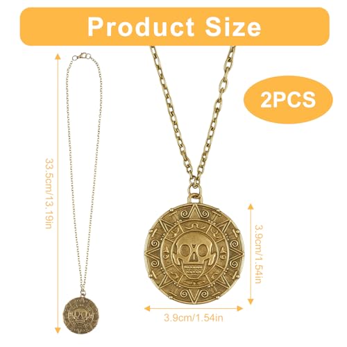 2 PCS Pirate Skull Coin Necklace, Medallion Coin Skull Necklace for Pirate Party Cosplay, Pirates of Halloween Costume Accessories for Women & Men