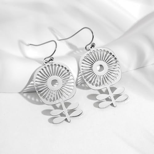 Boho Teardrop Earrings, Handmade Copper Bohemian Earrings, Dangle Antique Ethnic Jewelry for Women - color: Silver Sunflower