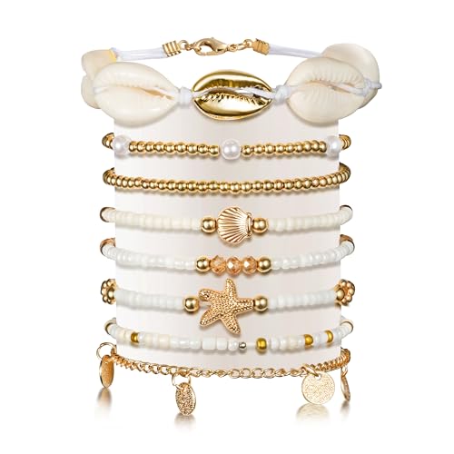 Y1tvei Shell Ankle Bracelet Set - 8Pcs White Gold Beaded Stretch Braceletst for Women, Seashell Starfish Charm Jewelry for Beach, Gold Beads Rice Beads Alloy Accessories Jewelry Gift for Summer