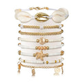 Y1tvei Shell Ankle Bracelet Set - 8Pcs White Gold Beaded Stretch Braceletst for Women, Seashell Starfish Charm Jewelry for Beach, Gold Beads Rice Beads Alloy Accessories Jewelry Gift for Summer
