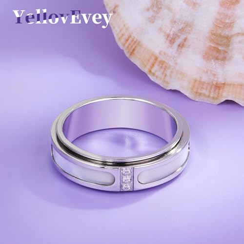 Fidget Spinner Ring for Women:18K Gold Plated Stainless Steel with Mother of Pearl Shell & Cubic Zirconia, Anxiety Relief Spinning Jewelry Gift for Birthday Wedding Engagement Anniversary - color: CZ Shell Spinner Ring_Silver, size: Size 9