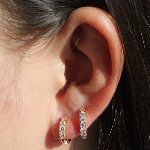 316L Surgical Stainless Steel Huggie Hoop Earrings with Cubic Zirconia, 10G 12G 14G 8-20mm Cartilage Lobe Earrings, 14G Piercing Jewelry - style: 10G 8mm 10mm Rose Gold Clear CZ