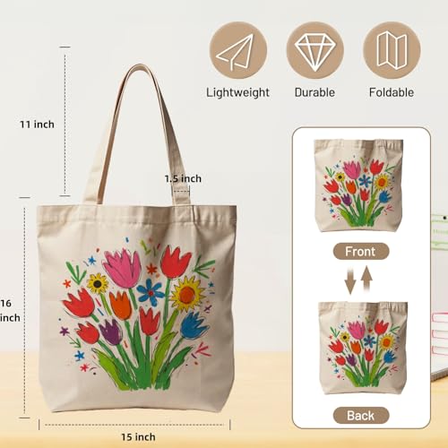 Canvas Tote Bag with Zipper for Women, Aesthetic Tote Bag with Pocket for Vacation, Shopping, Travel, Beach - style: Flowers