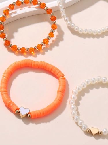 Caiyao Bohemia Multilayer Heart Imitation Pearl Beaded Stackable Bracelets Set Colorful Surfer Heishi Clay Gold Beads Stretch Bracelets for Women Men Summer Beach Boho Vacation Jewelry Gifts - color: Orange