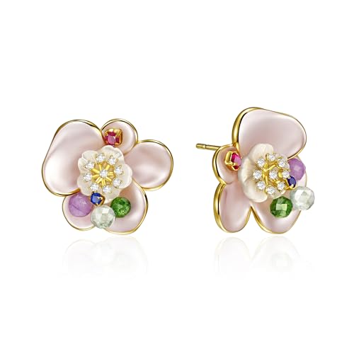 Pink Flower Earrings for Women, 925 Sterling Silver Stud Earrings, Cute Plumeria Earrings For Women, Cherry Blossom Hypoallergenic Stud - color: Colorful Plum Blossom