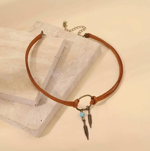 ONLYJUMP Boho Turquoise Leather Choker Necklace for Women Bohemian Handmade Leaf Layered Black Brown Suede Western Cowlady Necklace Western Country Party Jewelry Gifts - style: Blue