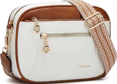 Crossbody Purse for Women Small Crossbody Bags Trendy Vegan Leather with Adjustable Shoulder Straps Gift for Mother Wife Mom - color: Beige With Brown Minimalism