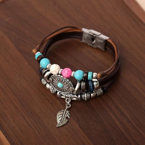 Turquoise Leather Western Bracelets for Women Men Bohemian Retro Turquoise Wrap Bracelets Exquisite Layered Stacked Cowboy Cowgirl Bracelet Western Country Concert Outfits Leather Cuff Bracelet for Women - style: Feather,Turquoise