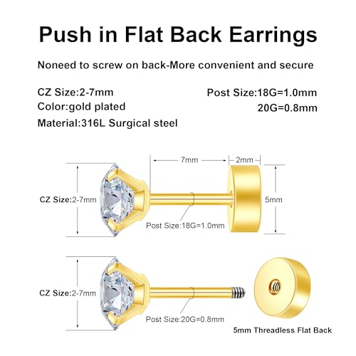 Flat Back Stud Earrings for Women - Hypoallergenic Surgical Steel Earrings with CZ Stones - 6 Pairs (18-20G) - color: 18K Gold-Plated, size: 20 G